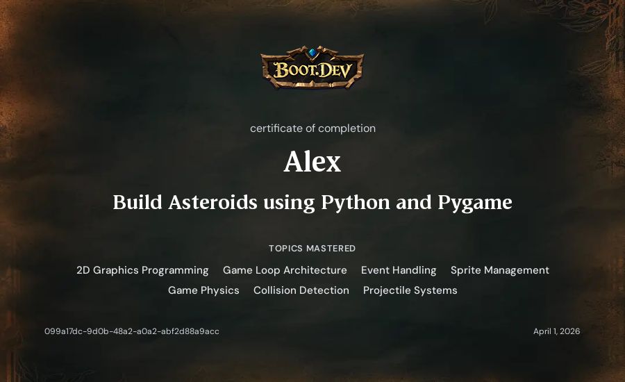 Alex's Boot.dev Build Asteroids using Python and Pygame certificate