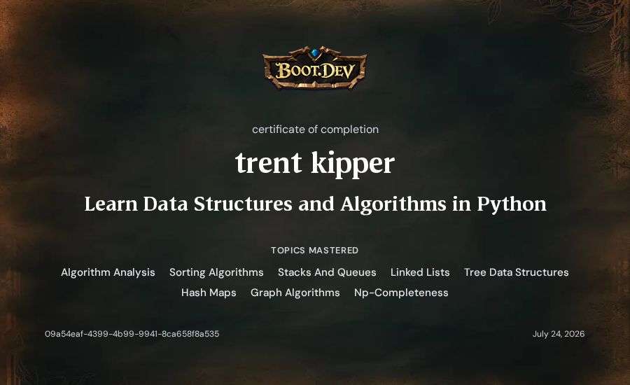 trent kipper's Boot.dev Learn Data Structures and Algorithms in Python certificate