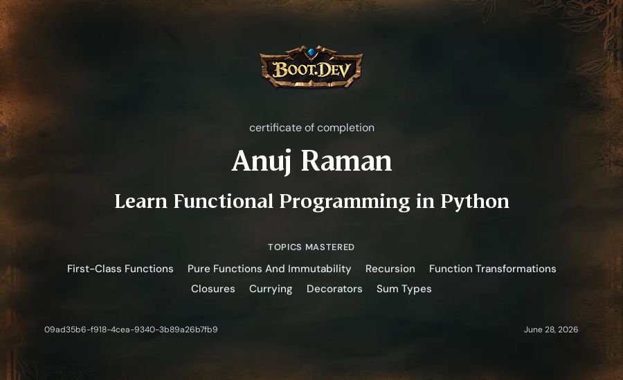 Anuj Raman's Boot.dev Learn Functional Programming in Python certificate