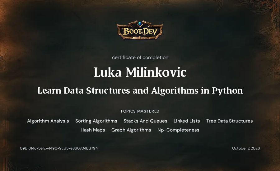 Luka Milinkovic's Boot.dev Learn Data Structures and Algorithms in Python certificate