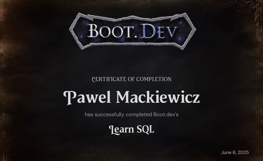 Pawel Mackiewicz's Boot.dev Learn SQL certificate