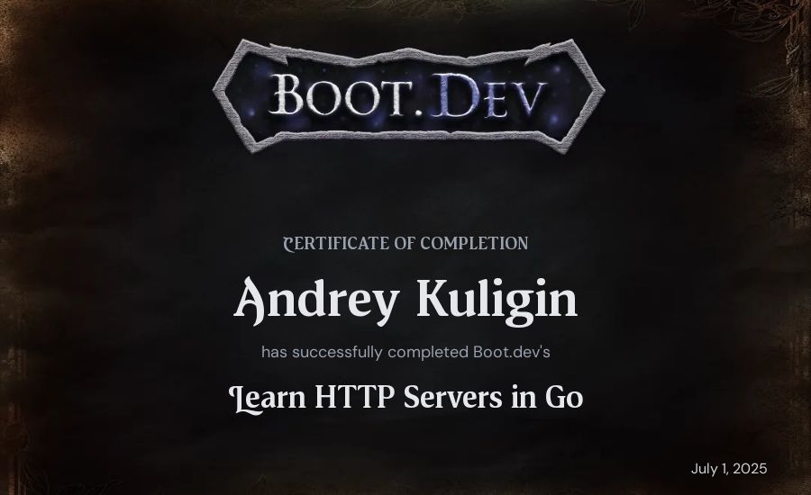 Andrey Kuligin's Boot.dev Learn HTTP Servers in Go certificate
