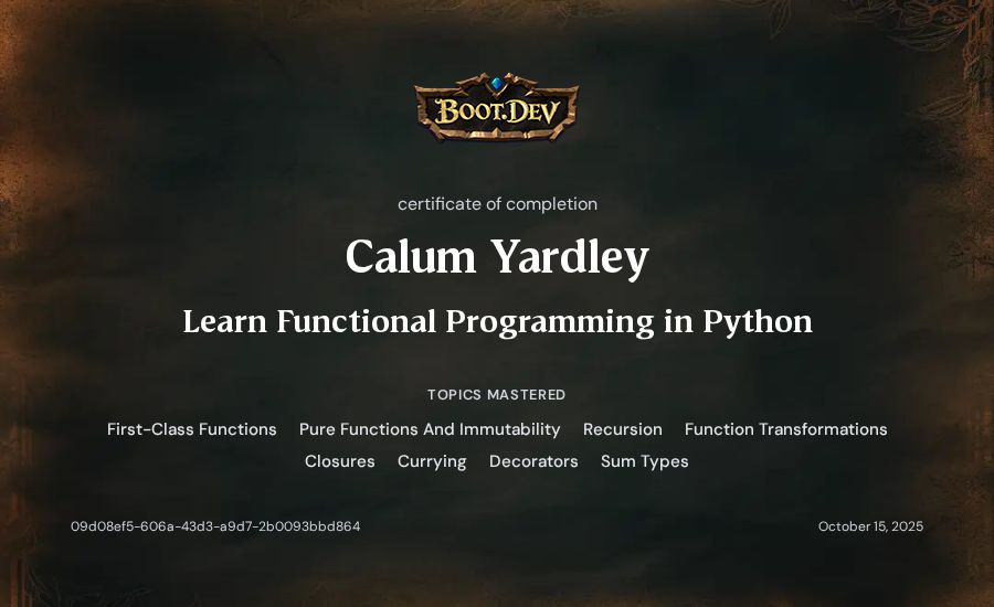 Calum Yardley's Boot.dev Learn Functional Programming in Python certificate