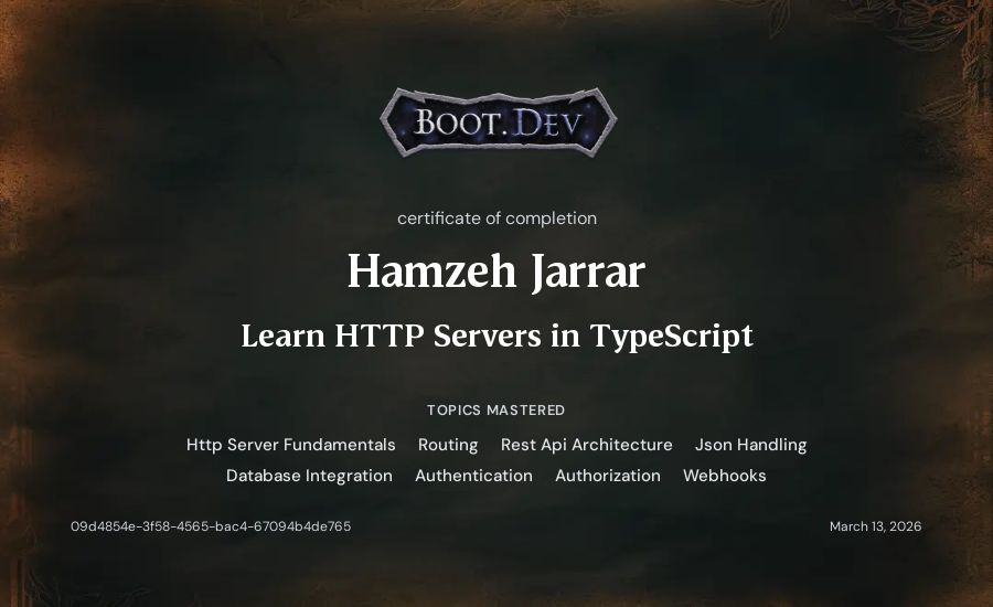 Hamzeh Jarrar's Boot.dev Learn HTTP Servers in TypeScript certificate