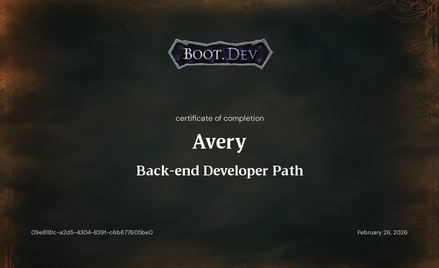 Avery's Boot.dev Backend Developer Path certificate