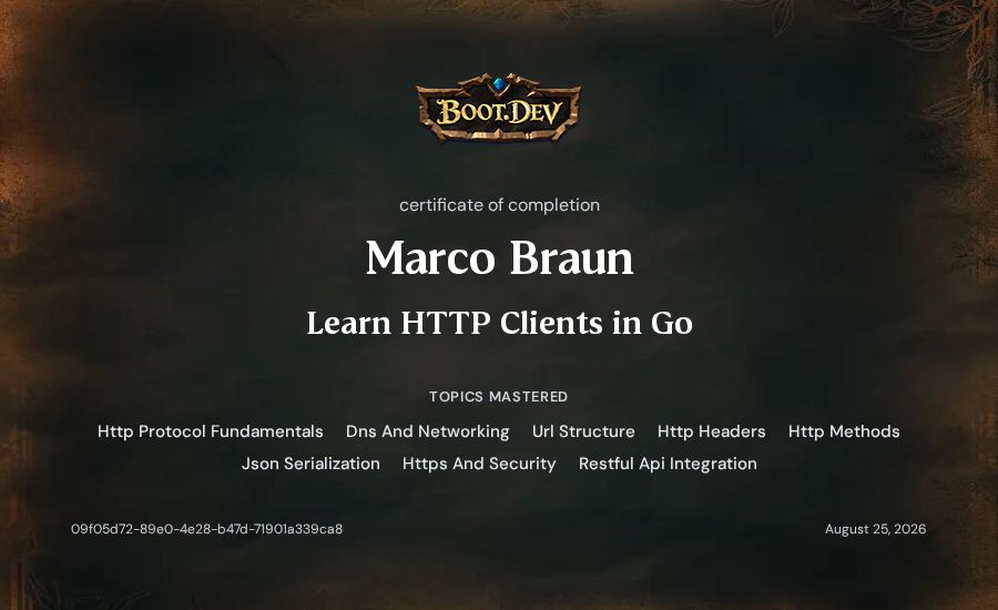Marco Braun's Boot.dev Learn HTTP Clients in Go certificate