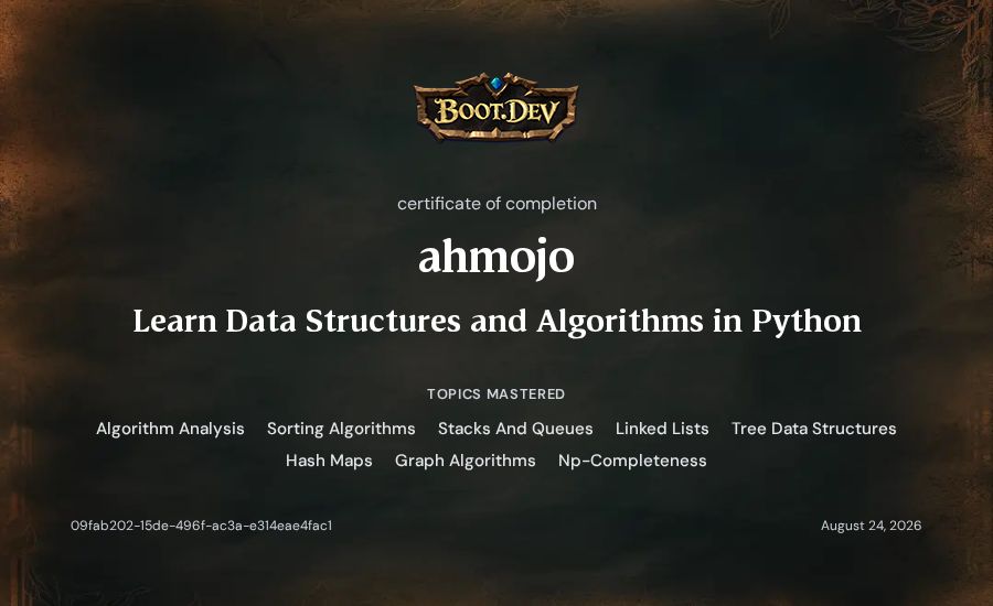 ahmojo's Boot.dev Learn Data Structures and Algorithms in Python certificate