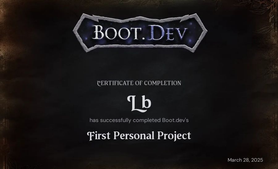 Lior Bloch's Boot.dev First Personal Project certificate