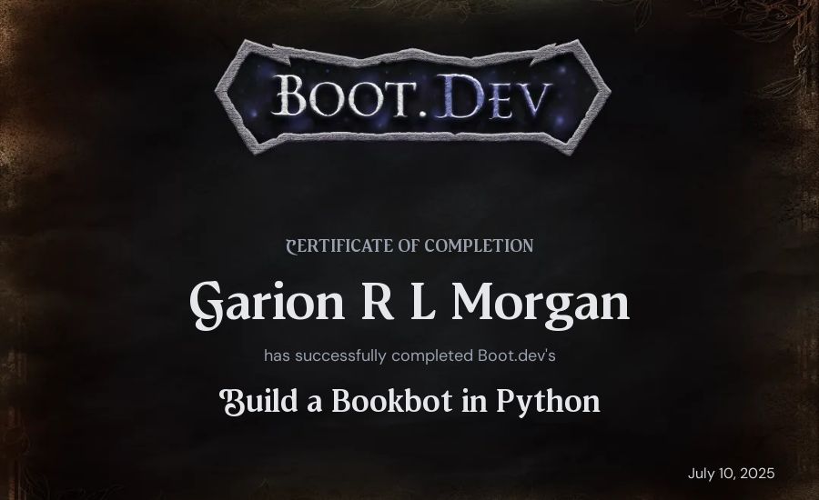 Garion R L Morgan's Boot.dev Build a BookBot in Python certificate