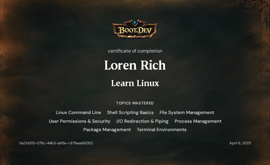 Loren Rich's Boot.dev Learn Linux certificate