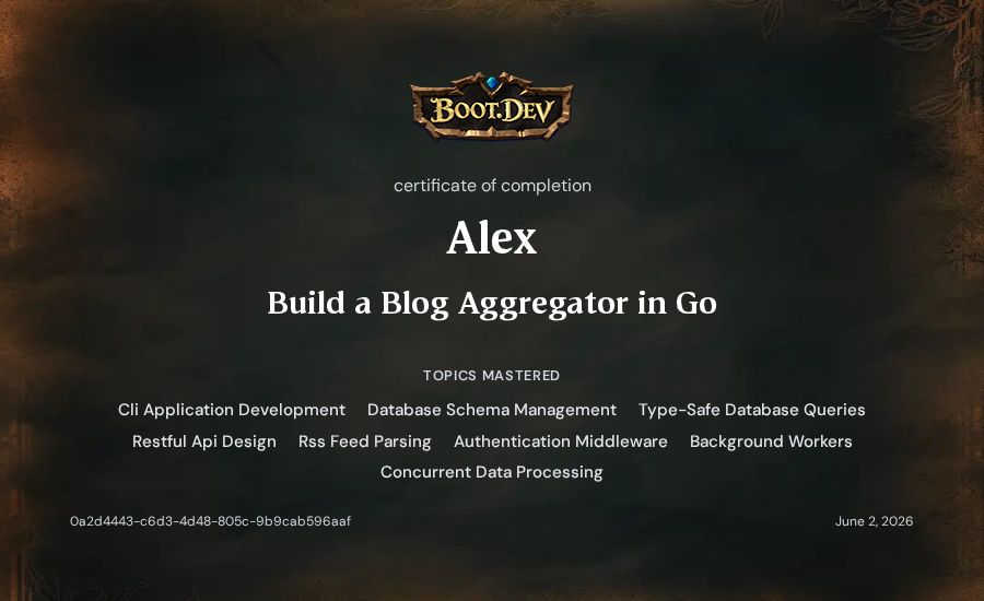Alex's Boot.dev Build a Blog Aggregator in Go certificate