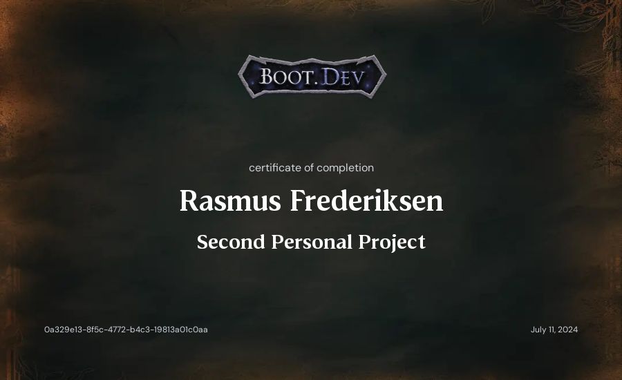 Rasmus Frederiksen's Boot.dev Second Personal Project certificate