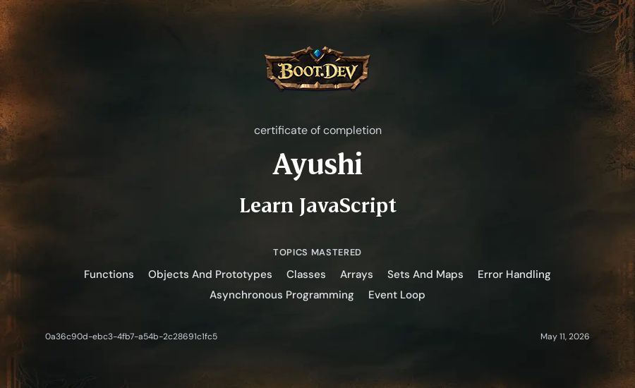 Ayushi's Boot.dev Learn JavaScript certificate