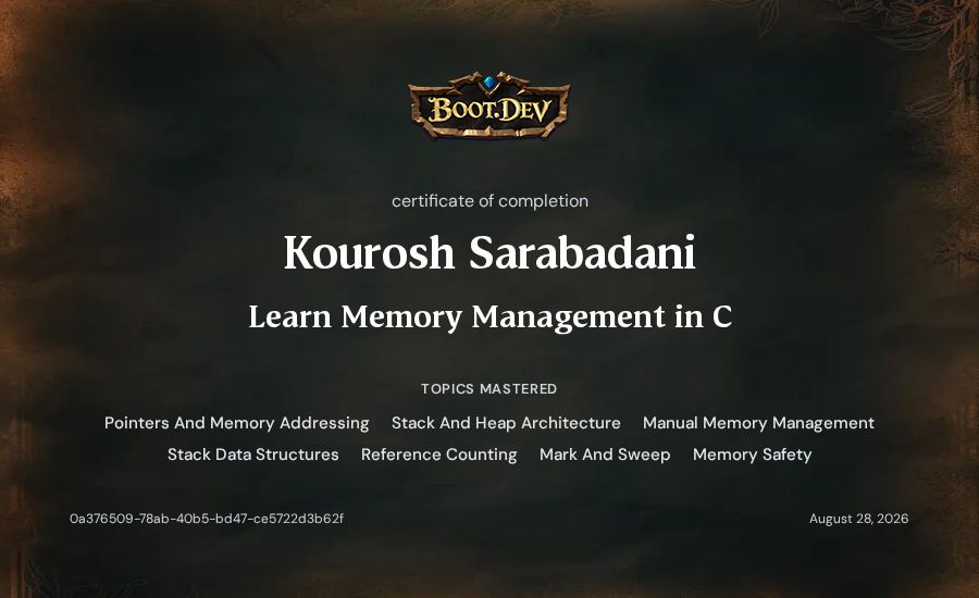 Kourosh Sarabadani's Boot.dev Learn Memory Management in C certificate