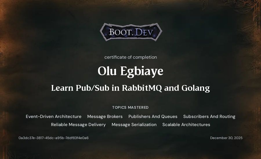 Olu Egbiaye's Boot.dev Learn Pub/Sub in RabbitMQ and Go certificate