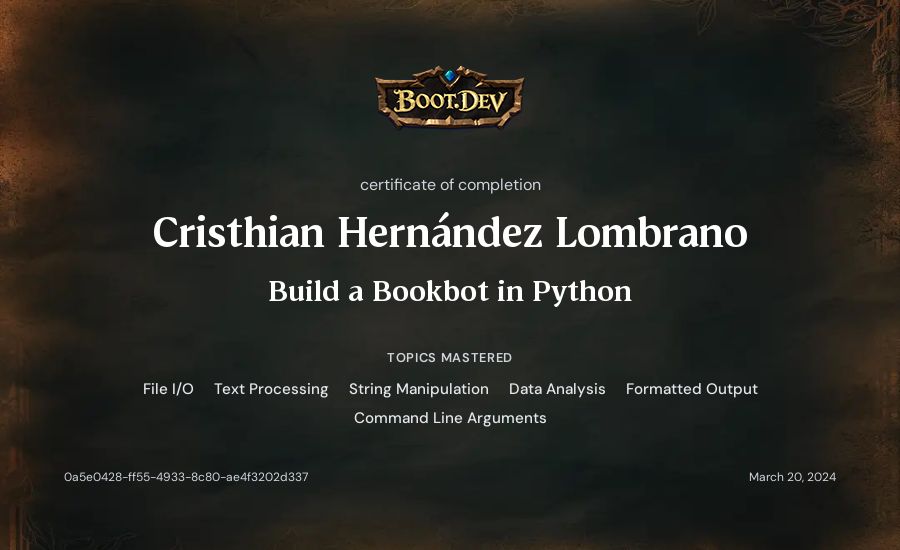 Cristhian Hernández Lombrano's Boot.dev Build a BookBot in Python certificate