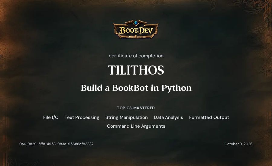 TILITHOS's Boot.dev Build a BookBot in Python certificate