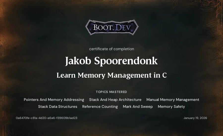 Jakob Spoorendonk's Boot.dev Learn Memory Management in C certificate