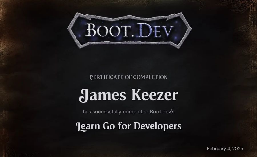James Keezer's Boot.dev Learn Go certificate