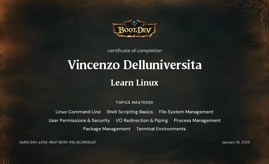 Vincenzo Delluniversita's Boot.dev Learn Linux certificate