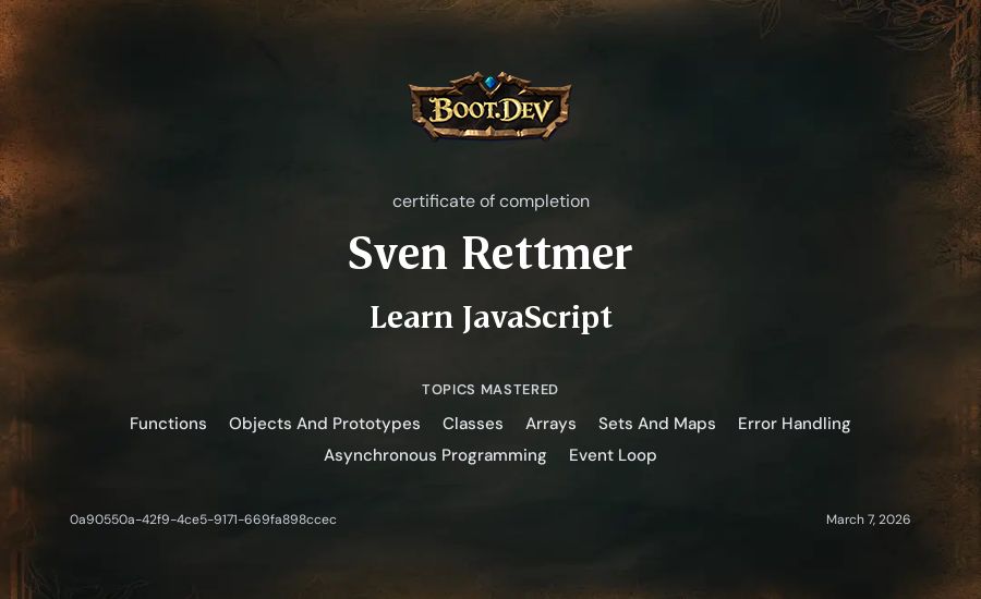Sven Rettmer's Boot.dev Learn JavaScript certificate