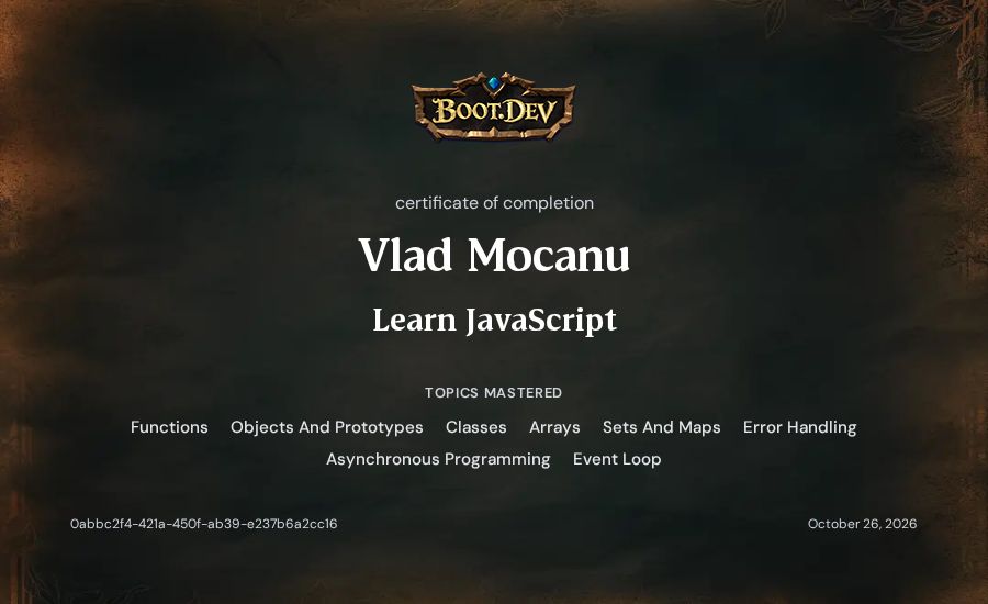 Vlad Mocanu's Boot.dev Learn JavaScript certificate