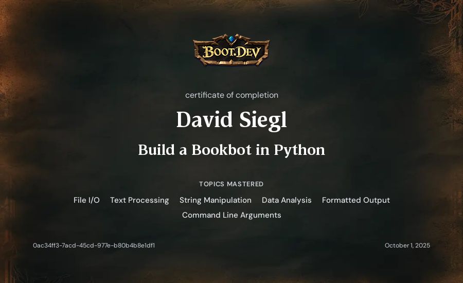 David Siegl's Boot.dev Build a BookBot in Python certificate