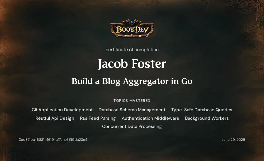 Jacob Foster's Boot.dev Build a Blog Aggregator in Go certificate