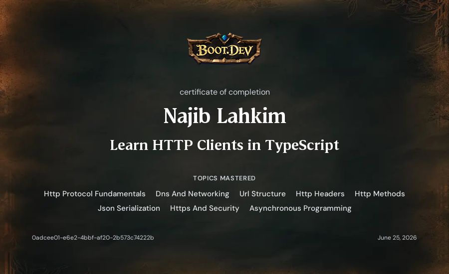 Najib Lahkim's Boot.dev Learn HTTP Clients in TypeScript certificate