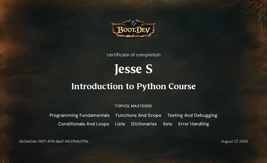 Jesse S's Boot.dev Introduction to Python Course certificate