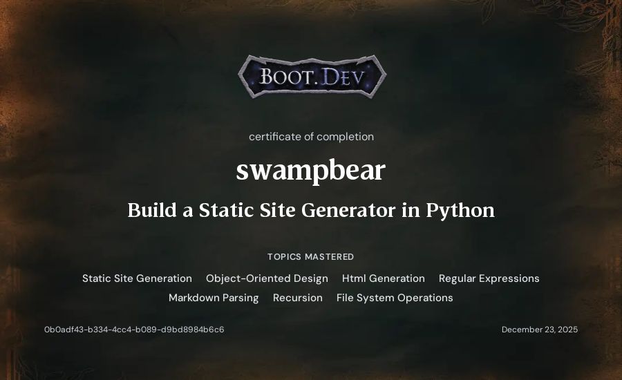 swampbear's Boot.dev Build a Static Site Generator in Python certificate
