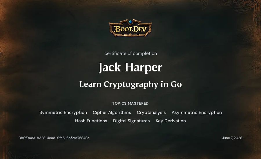 Jack Harper's Boot.dev Learn Cryptography in Go certificate