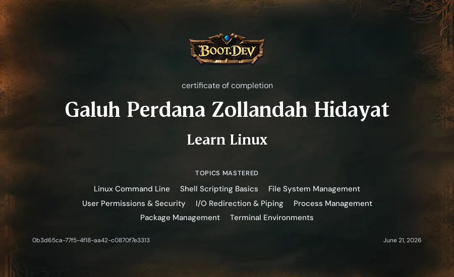 Galuh Perdana Zollandah Hidayat's Boot.dev Learn Linux certificate