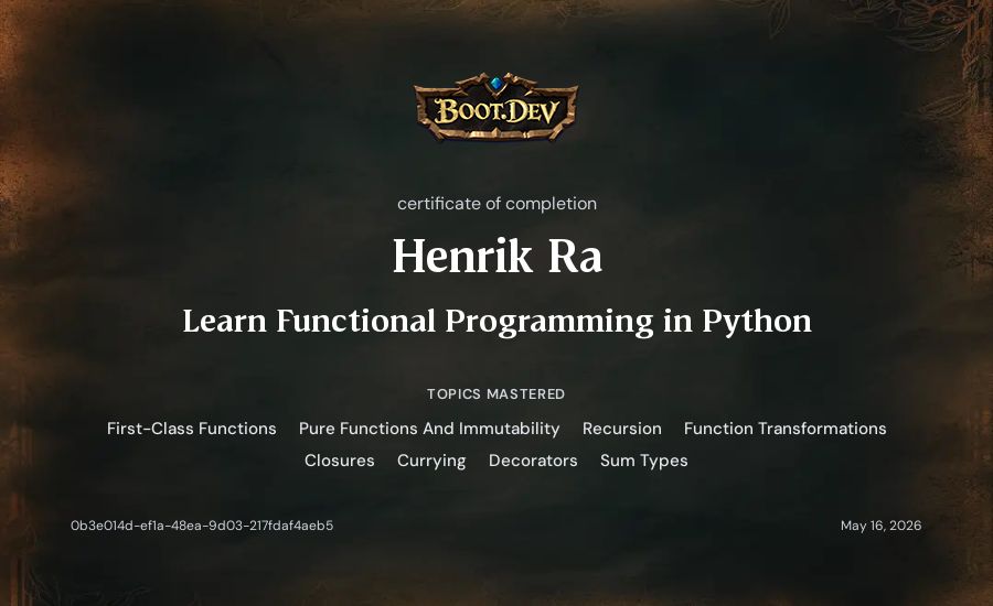 Henrik Ra's Boot.dev Learn Functional Programming in Python certificate