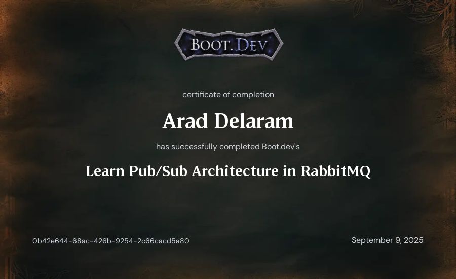 Arad Delaram's Boot.dev Learn Pub/Sub in RabbitMQ and Go certificate