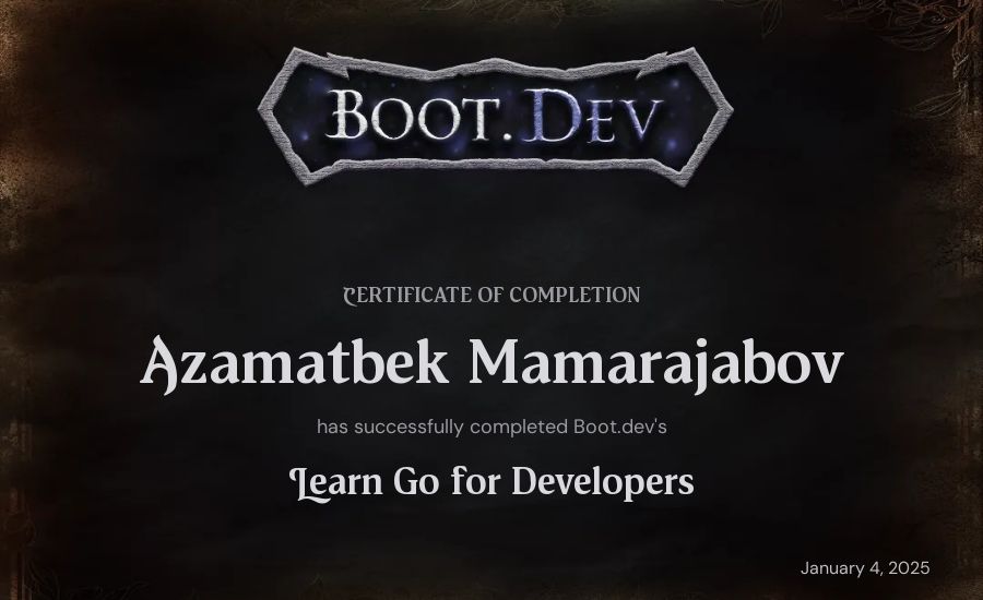 Azamatbek Mamarajabov's Boot.dev Learn Go certificate