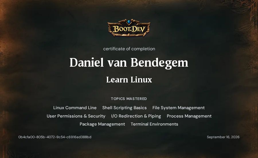 Daniel van Bendegem's Boot.dev Learn Linux certificate