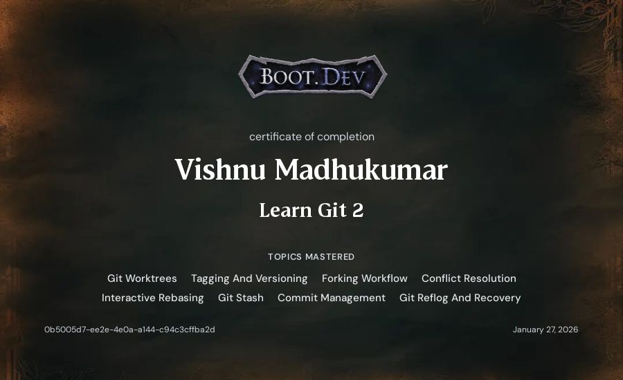 Vishnu Madhukumar's Boot.dev Learn Git 2 certificate