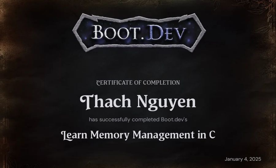 Thach Nguyen's Boot.dev Learn Memory Management in C certificate