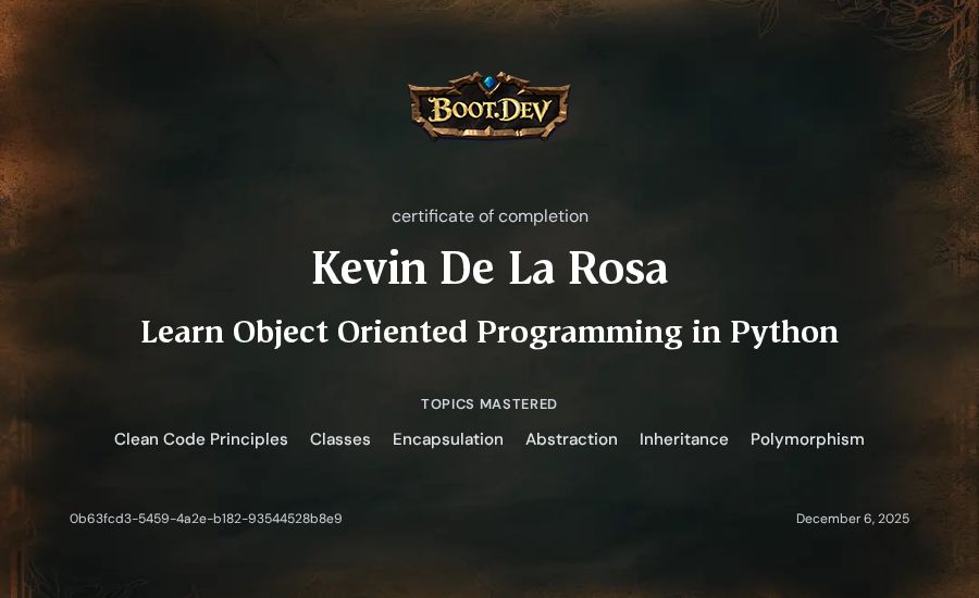 Kevin De La Rosa's Boot.dev Learn Object Oriented Programming in Python certificate