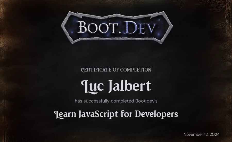 Luc Jalbert's Boot.dev Learn JavaScript certificate