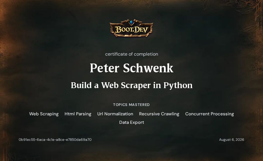 Peter Schwenk's Boot.dev Build a Web Scraper in Python certificate