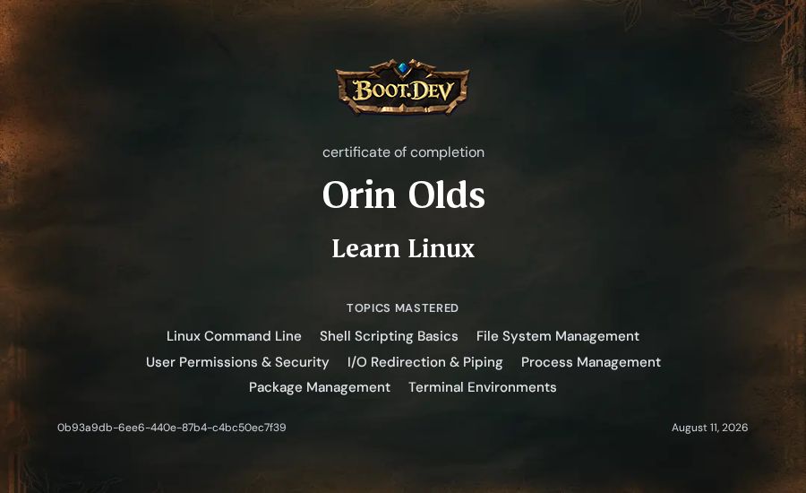 Orin Olds's Boot.dev Learn Linux certificate