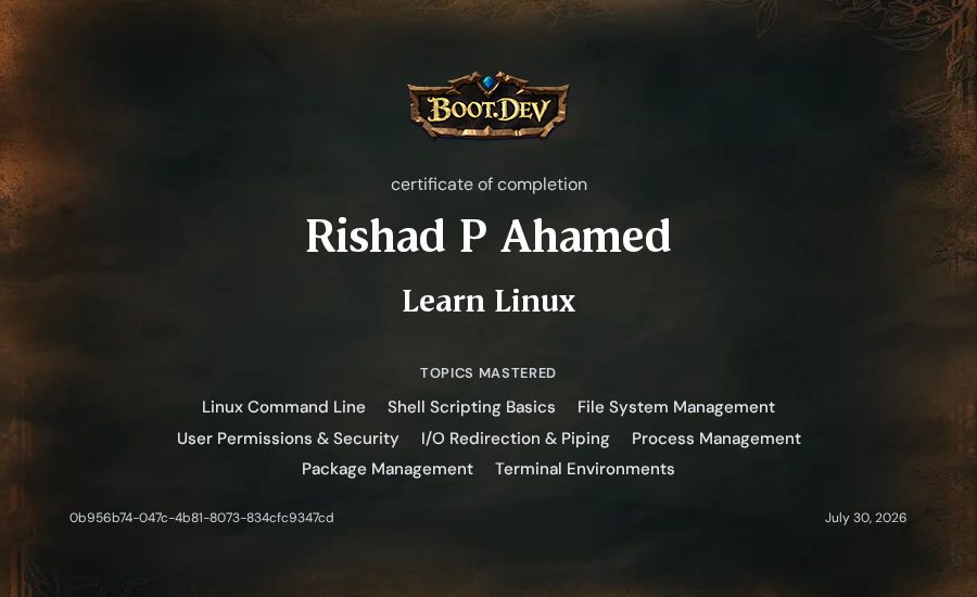 Rishad P Ahamed's Boot.dev Learn Linux certificate