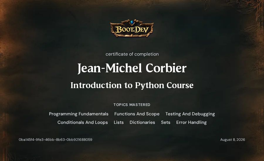 Jean-Michel Corbier's Boot.dev Introduction to Python Course certificate