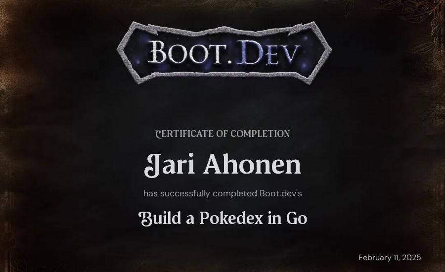 Jari Ahonen's Boot.dev Build a Pokedex in Go certificate