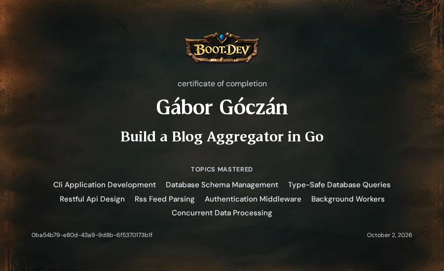 Gábor Góczán's Boot.dev Build a Blog Aggregator in Go certificate