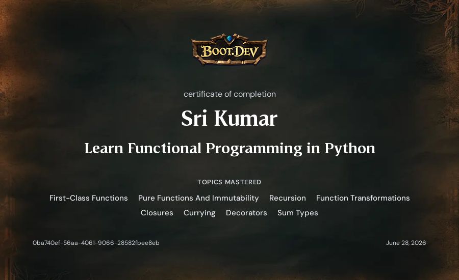 Sri Kumar's Boot.dev Learn Functional Programming in Python certificate