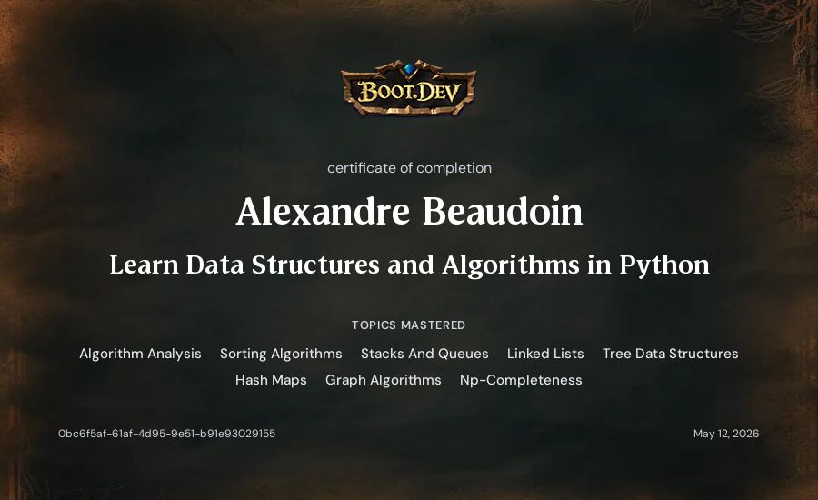 Alexandre Beaudoin's Boot.dev Learn Data Structures and Algorithms in Python certificate
