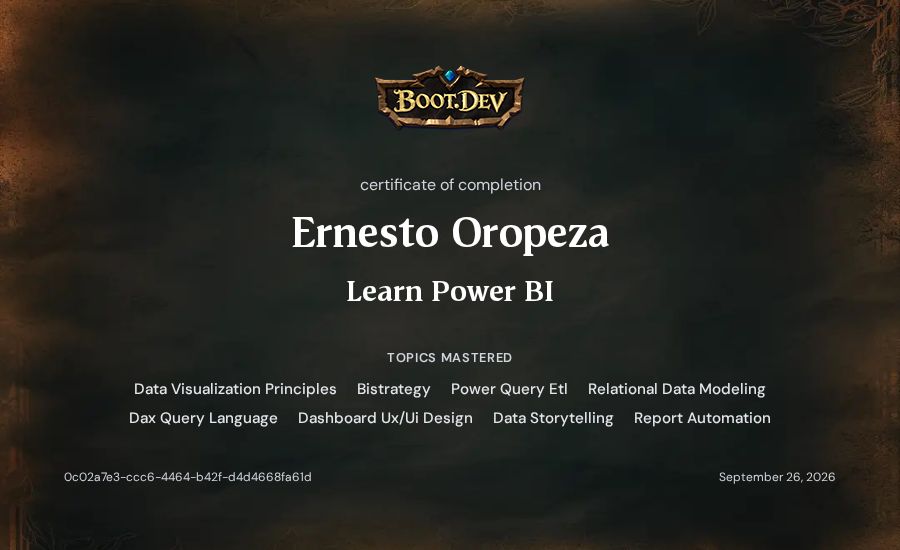 Ernesto Oropeza's Boot.dev Learn Power BI certificate